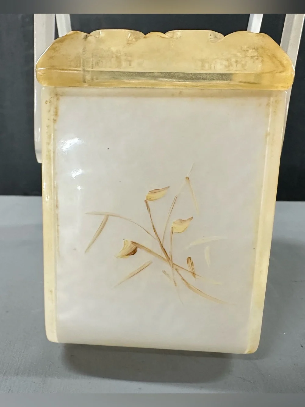 Vintage 40’s Bakelite Ivory Pearlized Box Purse with Gold Accent and Wheat Motif